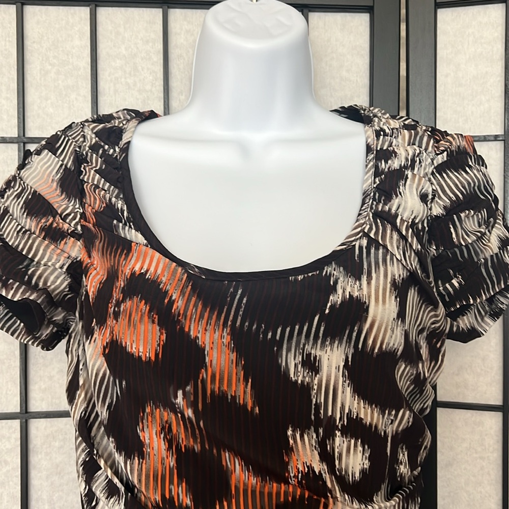 Rubber Ducky Chic Abstract Black, Grey, Orange Pattern Ruched Dress Size Small